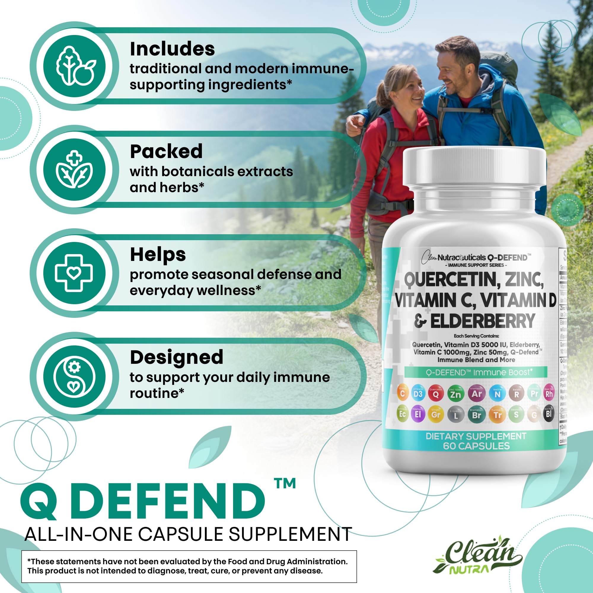 Clean Nutraceuticals Quercetin Zinc Vitamin C Vitamin D Bromelain Elderberry - Lung Immune Support Supplement Adults with Artemisinin, Sea Moss, Echinacea, Allergy Relief