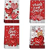 XCHI Love Hearts Cat Roses Flowers Valentine's Day Kitchen Towels Dish Towels 18x26 Inch Home Kitchen Decorations Hand Towels Set of 4 Drying Dishcloth
