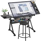 Yaheetech Adjustable Drafting Table &amp; Stool, Tilting Glass Art Desk, Black | Tempered Glass Top Tilts 0-40 Degrees for Drawing or Tracing on a Sturdy Iron Frame, with 2 Mesh Drawers for Craft Supplies.