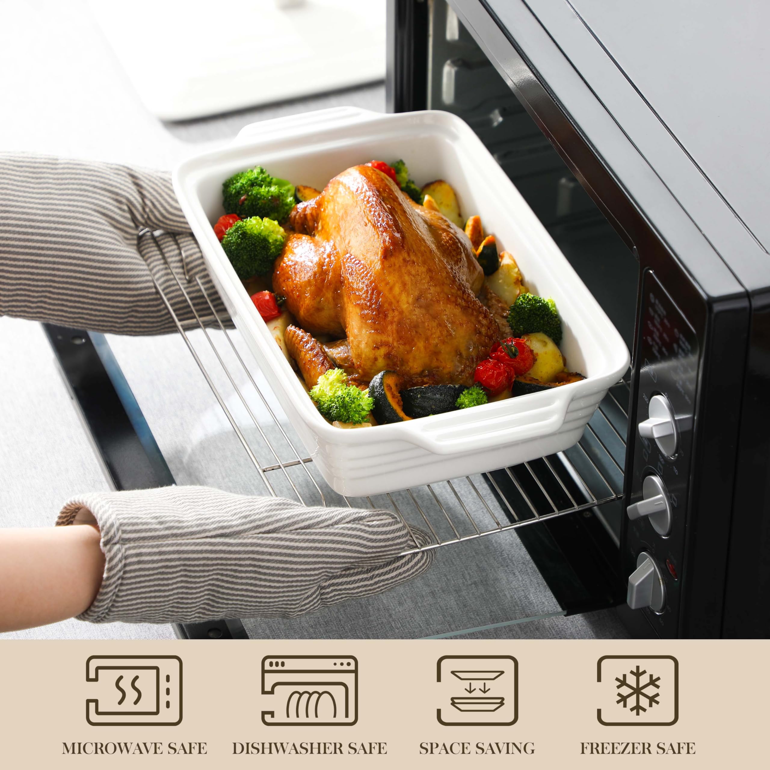 MALACASA Casserole Dish for Oven, 4.4 Qt Porcelain Baking Dish with Lid, 9x13 Baking Pan with Handles, Large Lasagna Pan Deep, Rectangular Bakeware, Microwave Safe, White, Series BAKE