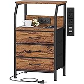 Furnulem Night Stand with Charging Station, USB Ports and Outlets, 28.3 Inch Tall Bedside Table with Wood Shelf, 3 Fabric Drawers Side Table for Bedroom, 3 Ways to Use, Rustic Brown