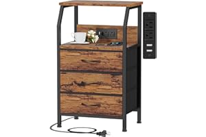 Furnulem Night Stand with Charging Station, USB Ports and Outlets, 28.3 Inch Tall Bedside Table with Wood Shelf, 3 Fabric Drawers Side Table for Bedroom, 3 Ways to Use, Rustic Brown