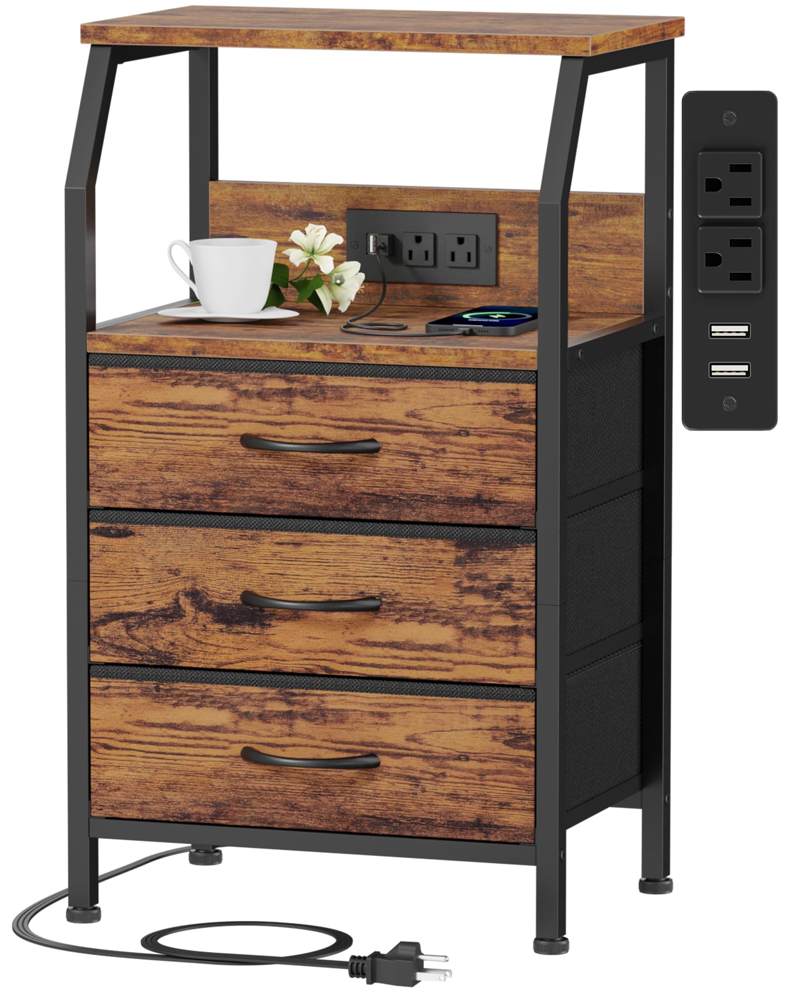 Photo 1 of Furnulem Night Stand with Charging Station, USB Ports and Outlets, 28.3 Inch Tall Bedside Table with Wood Shelf, 3 Fabric Drawers Side Table for Bedroom, 3 Ways to Use, Rustic Brown