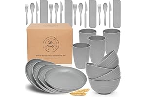 FOODLE Wheat Straw Dinnerware Sets for 4 - Lightweight & Unbreakable - Microwave & Dishwasher Safe - Perfect for Picnic, Dorm, RV Dishes - Camping Plates Cups and Bowls Set - Great for Kids & Adults