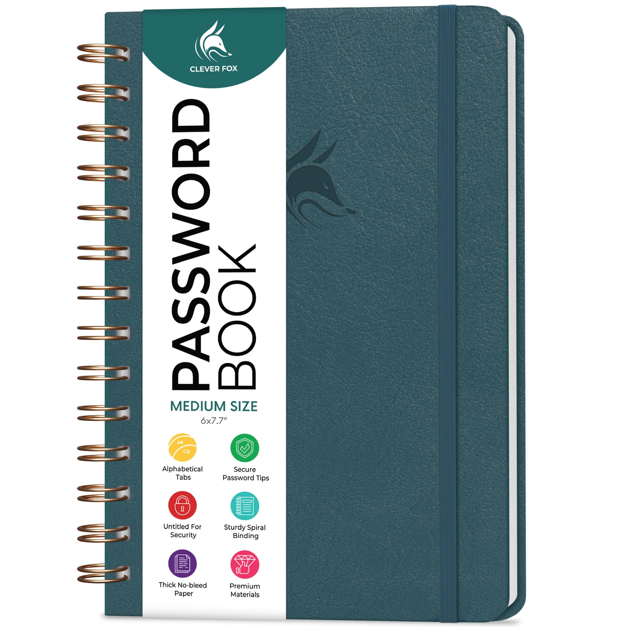 Clever Fox Password Book Spiral – Internet Address Log Book with Alphabetical Tabs, Password Keeper & Organizer - Medium 15.5x19.6cm (Deep Sea)