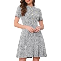 Allegra K Women's Tweed Mini Dress - Peter Pan Collar, Puff Sleeves, Keyhole Back, A-Line Fit
