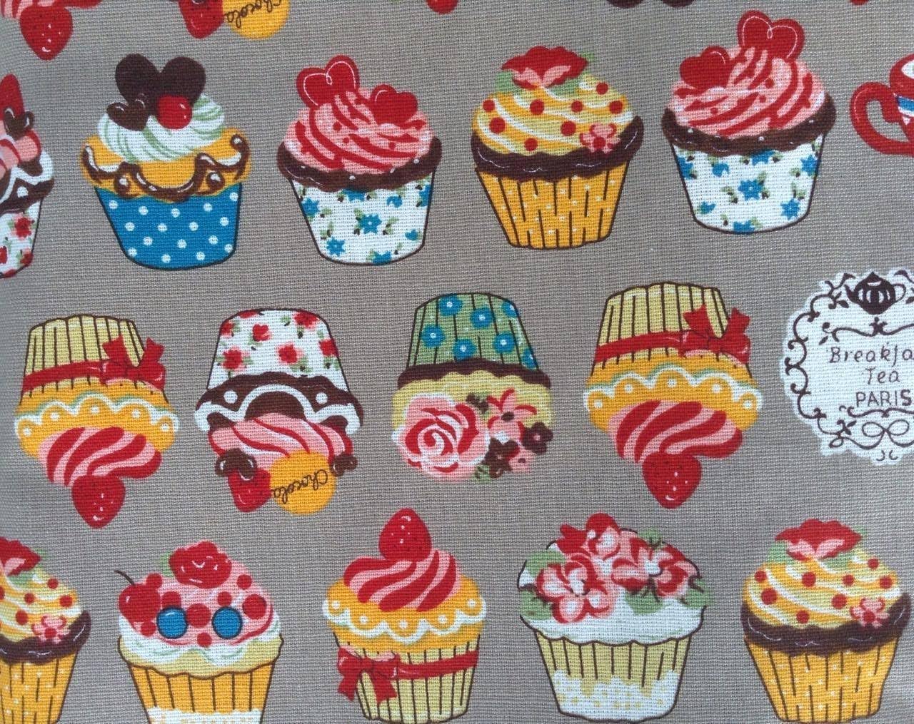 Natural beige brown Cupcake Window Valance with White Pom Pom Fringe Trim - 42 inch