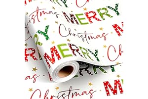 Burymento Christmas Wrapping Paper, Red and Green Merry Christmas Text Design Gift Wrapping Paper Suitable for Holiday, Mini Roll (17 Inch X 32.8 Feet)