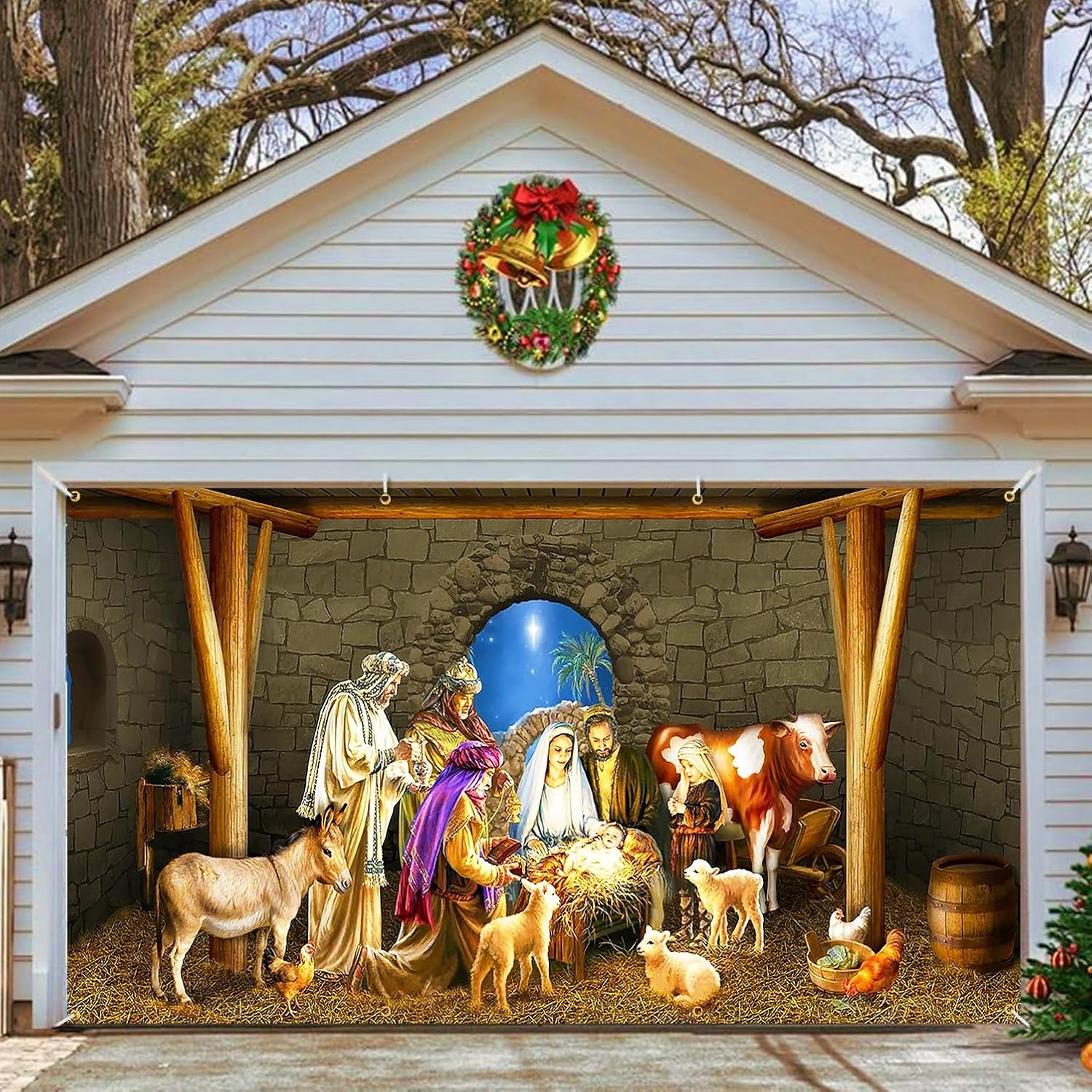 Garage Door Decorations - Christmas Nativity Garage Door Banner 16 x 7 ft, Nativity Scene Murals Christmas Garage Decorations Cover Extra Large Merry Christmas Backdrop Background for Photo Xmas Holiday Garage Banner