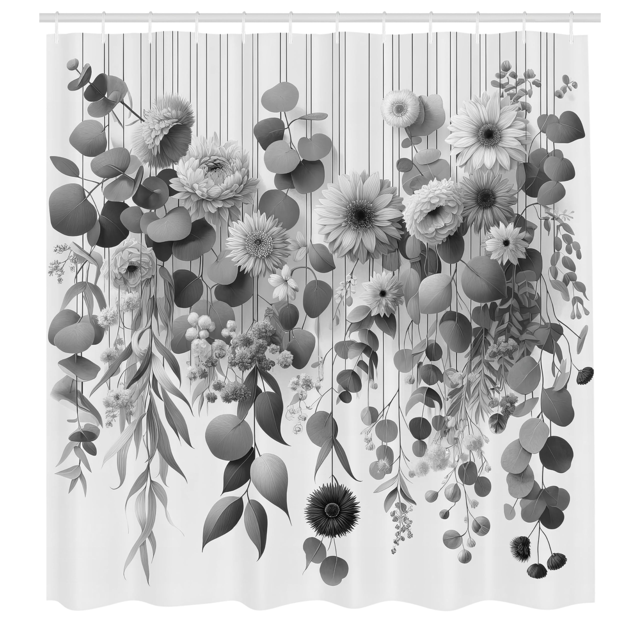 ABAKUHAUS Grey Shower Curtain, Modern Futurist Leafy Floral, Cloth Fabric Bathroom Decor Set with Hooks, 175 x 200 cm, Pearl Dark Grey