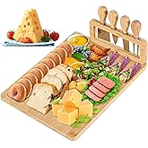 Lexda Bamboo Cheese Board and Knife Set - 14” x 11” Large Charcuterie Boards Set, Cheese Tray Platter Servers with Clasp Knife Holder, Gift for Valentines, Anniversary, Housewarming, Thanksgiving