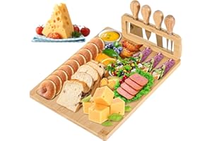 Lexda Bamboo Cheese Board and Knife Set - 14” x 11” Large Charcuterie Boards Set, Cheese Tray Platter Servers with Clasp Knif
