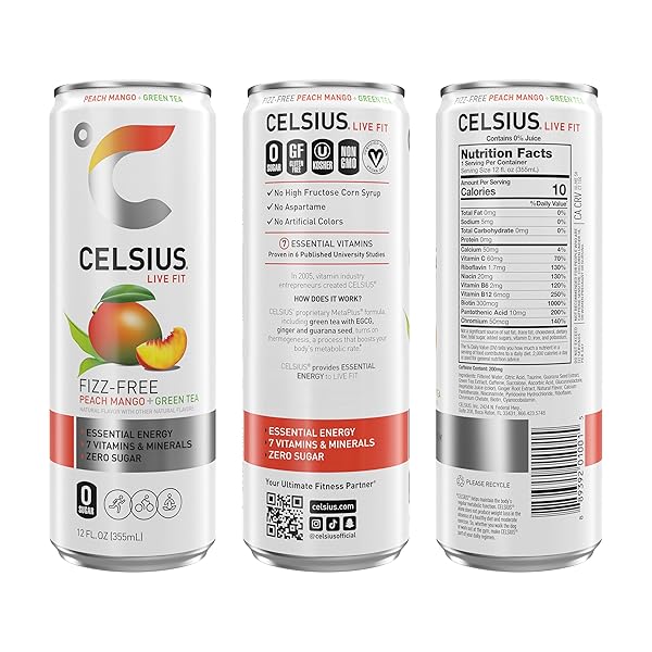 CELSIUS PEACH MANGO GREEN TEA, FUNCTIONAL ESSENTIAL ENERGY DRINK 12 FL OZ (PACK OF 12)