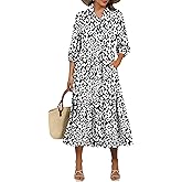ANRABESS Women Summer Dress 2026 3/4 Puff Sleeve Polo V Neck Floral Print Casual Boho Shirt Maxi Dress Beach Vacation Clothes