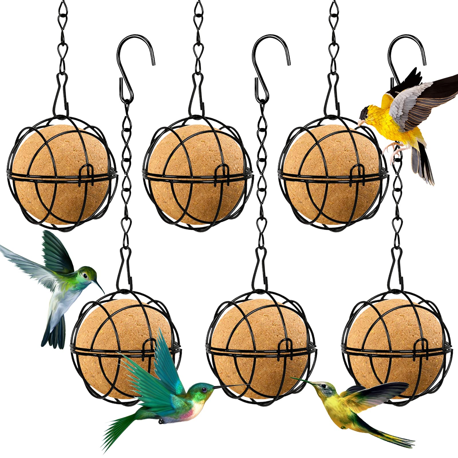 Bird Fat Ball Feeders Hanging 6 Pcs Bird Feeder Metal Fat Balls, Fat Ball Bird Feeder With 6 Hooks Suet Ball Holder, Fat Ball Feeders For Birds Finch Sparrow Robin Outdoor Garden (Black)