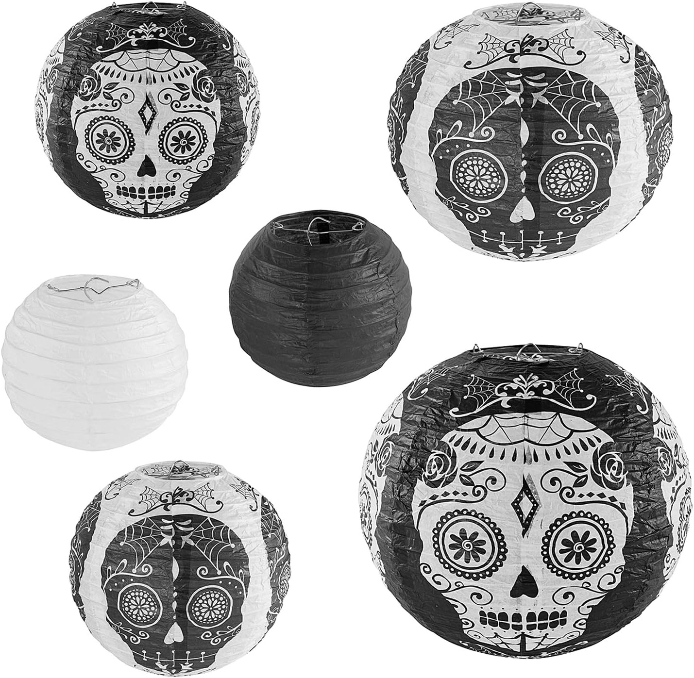 Skull Design Day of The Dead Chinese/Japanese Hanging Black/White Paper Lanterns Metal Frame for Spooky Scary Halloween Party, Home Lamps, Haunted House Event Decoration (Set of 6)