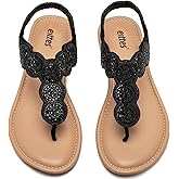 Veittes Women's Bohemian Bling Flat Slide Sandals - Casual Summer Thong Sandals with Rhinestone Decor, Rubber Sole, Lightweight & Comfortable Ankle StrapThong Summer Sandals.