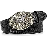 SANSTHS Cowboy Belts for Men Women Western Buckle Belt Cowboy Cowgirl Embossed Leather Belt for Jeans Christmas Gifts Belt