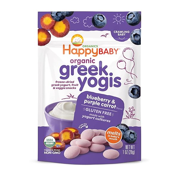 HAPPY BABY ORGANICS BABY SNACKS, GREEK YOGIS, FREEZE DRIED YOGURT &VEGGIE FRUIT SNACKS, GLUTEN FREE BABIES 9+ MONTHS, BLUEBERRY & PURPLE CARROT, 1 OUNCE