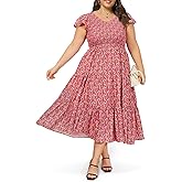 2025 Women's Plus Size Casual Dress V Neck Short Sleeve Summer Maxi Smocked Dresses