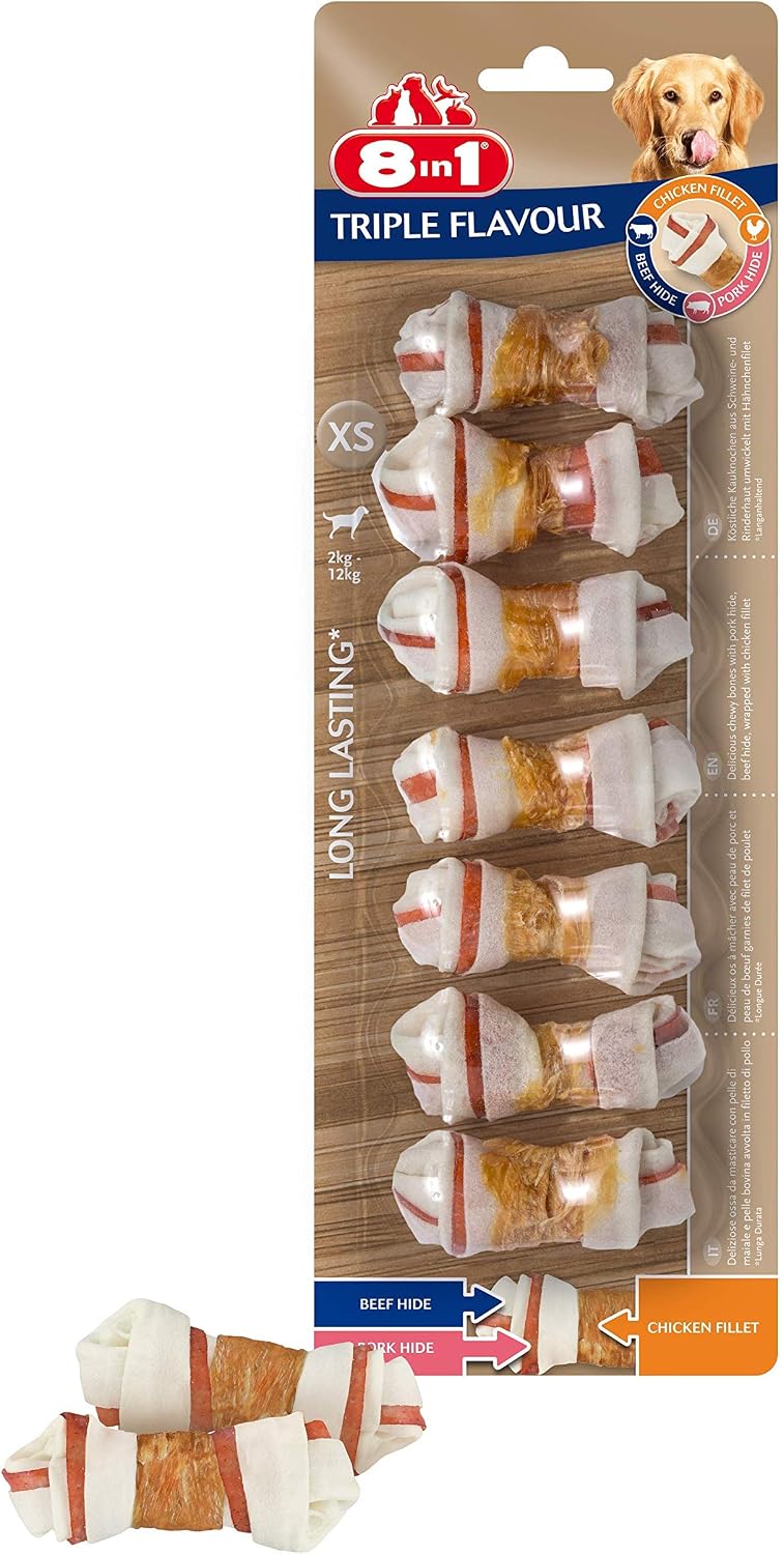 8in1 Triple Flavour Bones XS - chewy dog bones with chicken fillet, pork hide and beef hide, 7 pcs, Multicolored, 98 g (Pack of 1) - Image 4