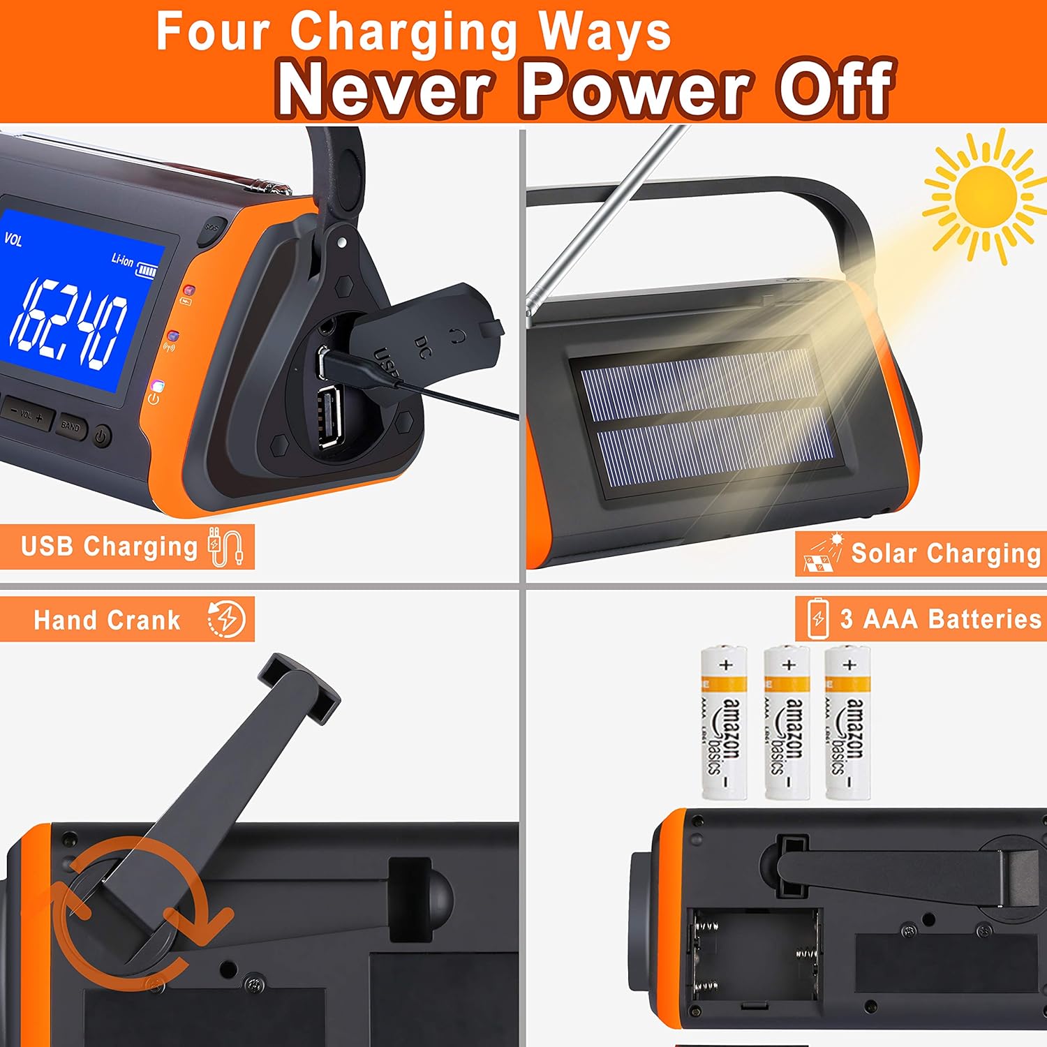 Emergency Weather Crank Radio 4000mAh - Portable, Solar Powered, Hand Crank, AM/FM/NOAA Weather Alert Radio, Aux Music Play, USB Cell Phone Charger, SOS Alarm, LED Flashlight for Hurricanes,Tornadoes: Home Audio & Theater