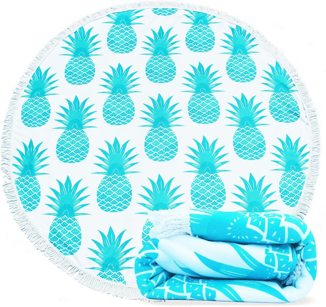 Epy Huts Large Round Beach Towel Pineapple Pattern Smooth Feeling with Tassels, Breathable Blanket for Beach/Indoor/Outdoor 59 Inch, Teal