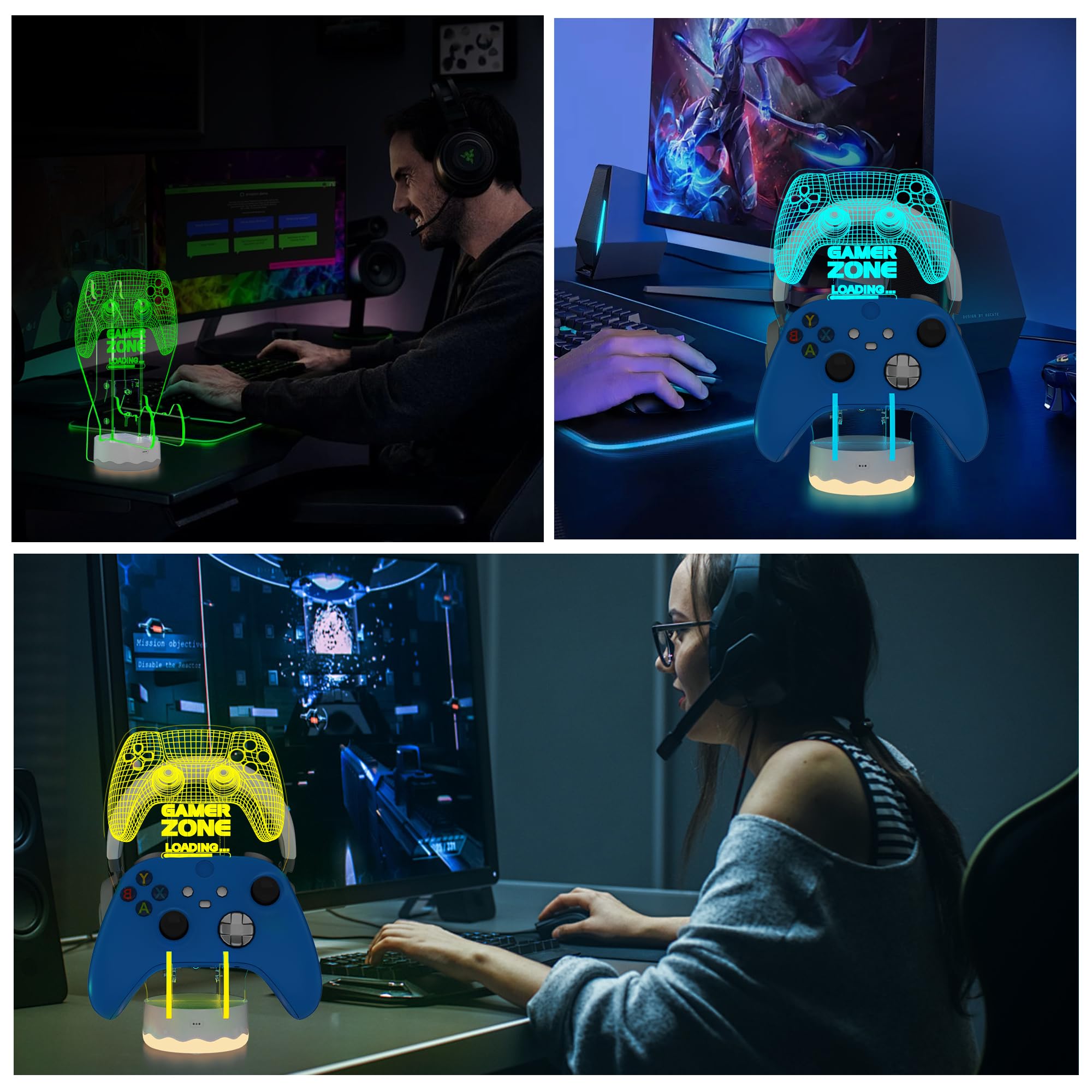 CoolGift Mart Light Up Headset und Controller Ständer, 16 Farben 3D LED Lichter Gamepad Kopfhörerhalter mit Fernbedienung, Game Controller Hänger für alle Universal Gaming PC Zubehör 5