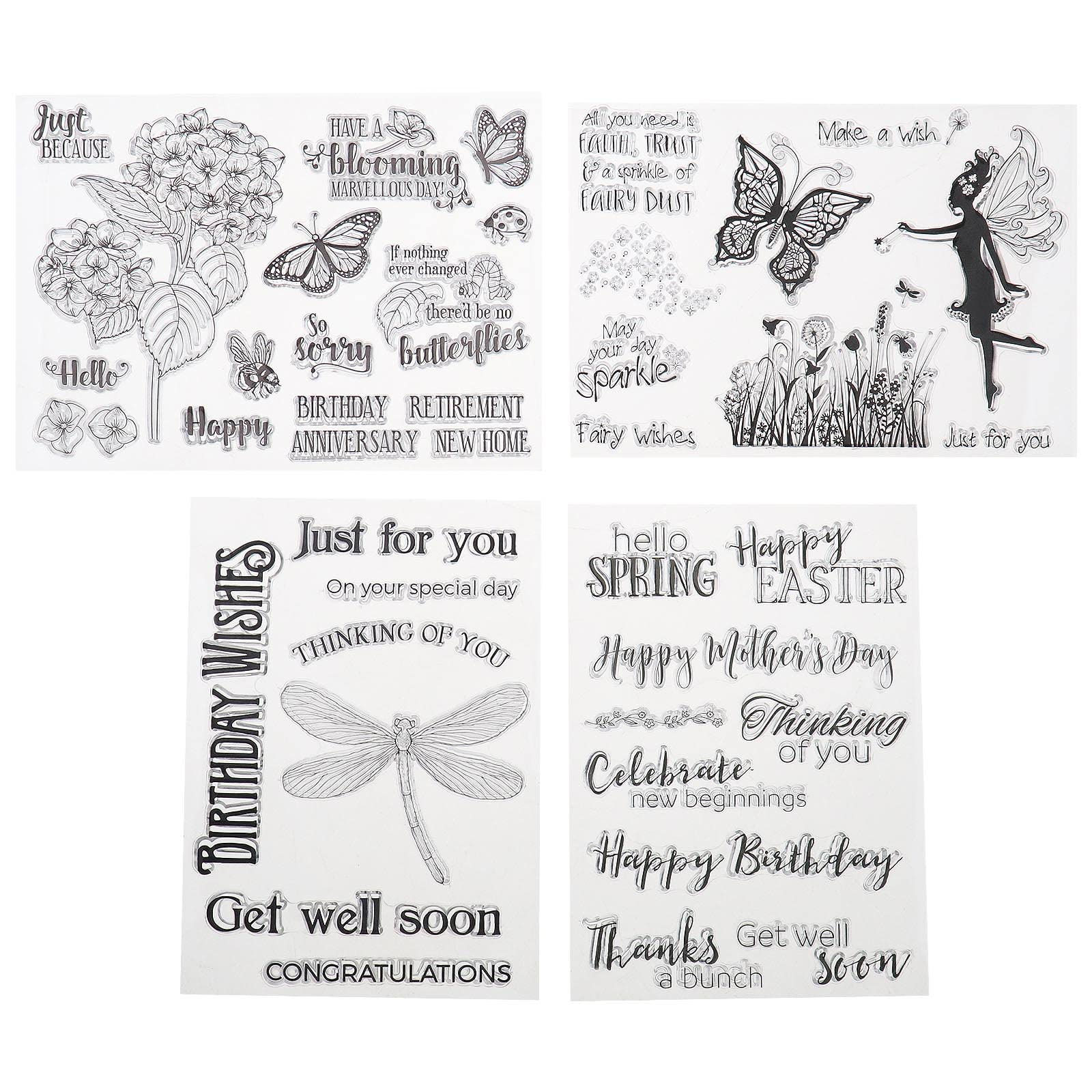 Be In Your Mind 4 Sheets Clear Stamps Flower Butterfly Dragonfly Greeting Words Pattern Seal for Card Making DIY Scrapbooking and Photo Album Decoration