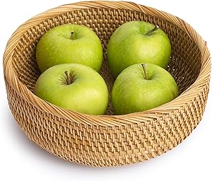 Medium Wicker Sliced Bread Baskets For Fruit Hair Ties Woven Bowl Storage Organizing Kitchen Countertop Bathroom Furniture Natural Rattan Round Basket Serving Bowls Chips (M: 9.1