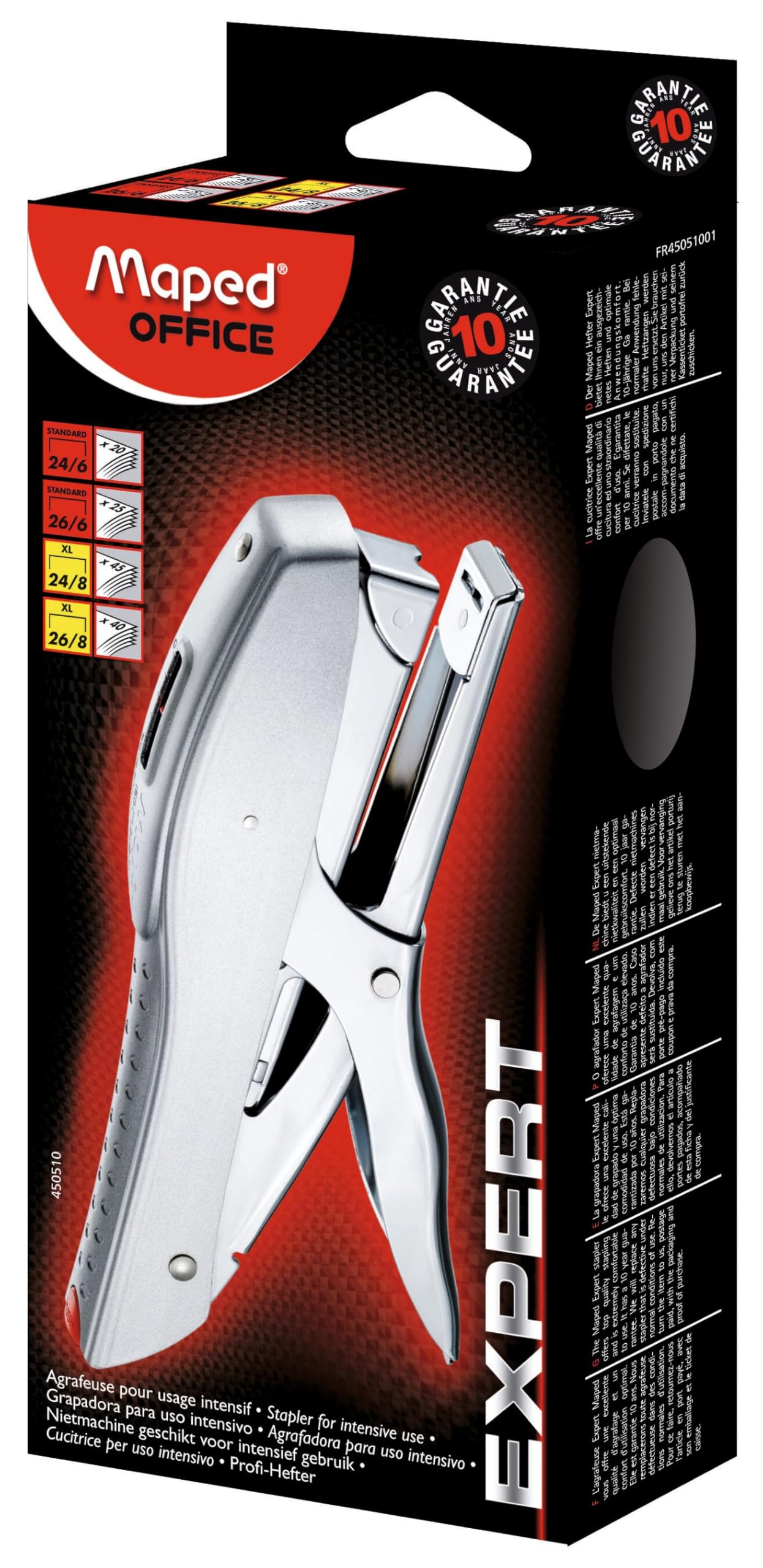 Maped - Ergonomically Safe All-Metal Stapler, Stapler Expert XL - for up to 45 Sheets - Front Loading: for Easy refilling of Staples - Integrated Staple Remover