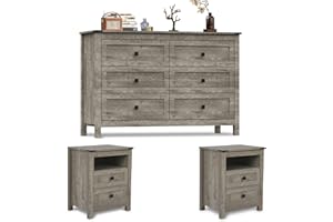 CATMIX Farmhouse Bedroom Set, 3 Pieces Bedroom Furniture Set, Rustic Wood 6 Drawer Dresser and Nightstands, Chest of Drawers Wide Storage Organizer Cabinet for Bedroom, Light Rustic Grey