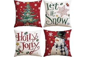 Artscope Christmas Tree Snowman Throw Pillow Covers 18x18 Inch Set of 4, Let It Snow Holly Jolly Winter Hoilday Christmas Decoration Pillow Cases for Home Sofa Couch Decor-Red