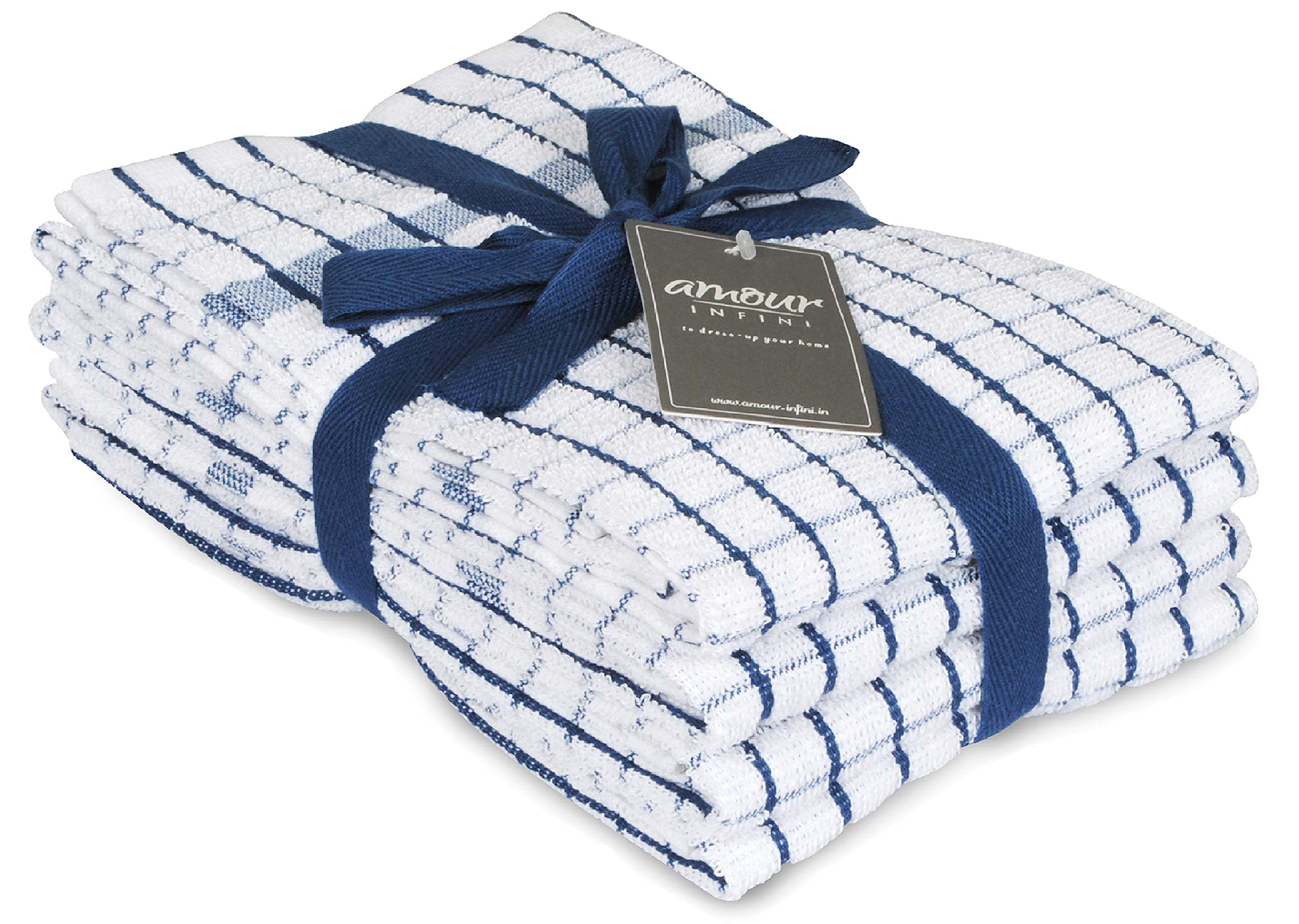 AMOUR INFINI Terry Kitchen Towels | Set of 4 | 50 x 70 cm | Super Plush and Absorbent |100% Cotton Dish Towels with Hanging Loop | Perfect for Household and Commercial Uses | Blue