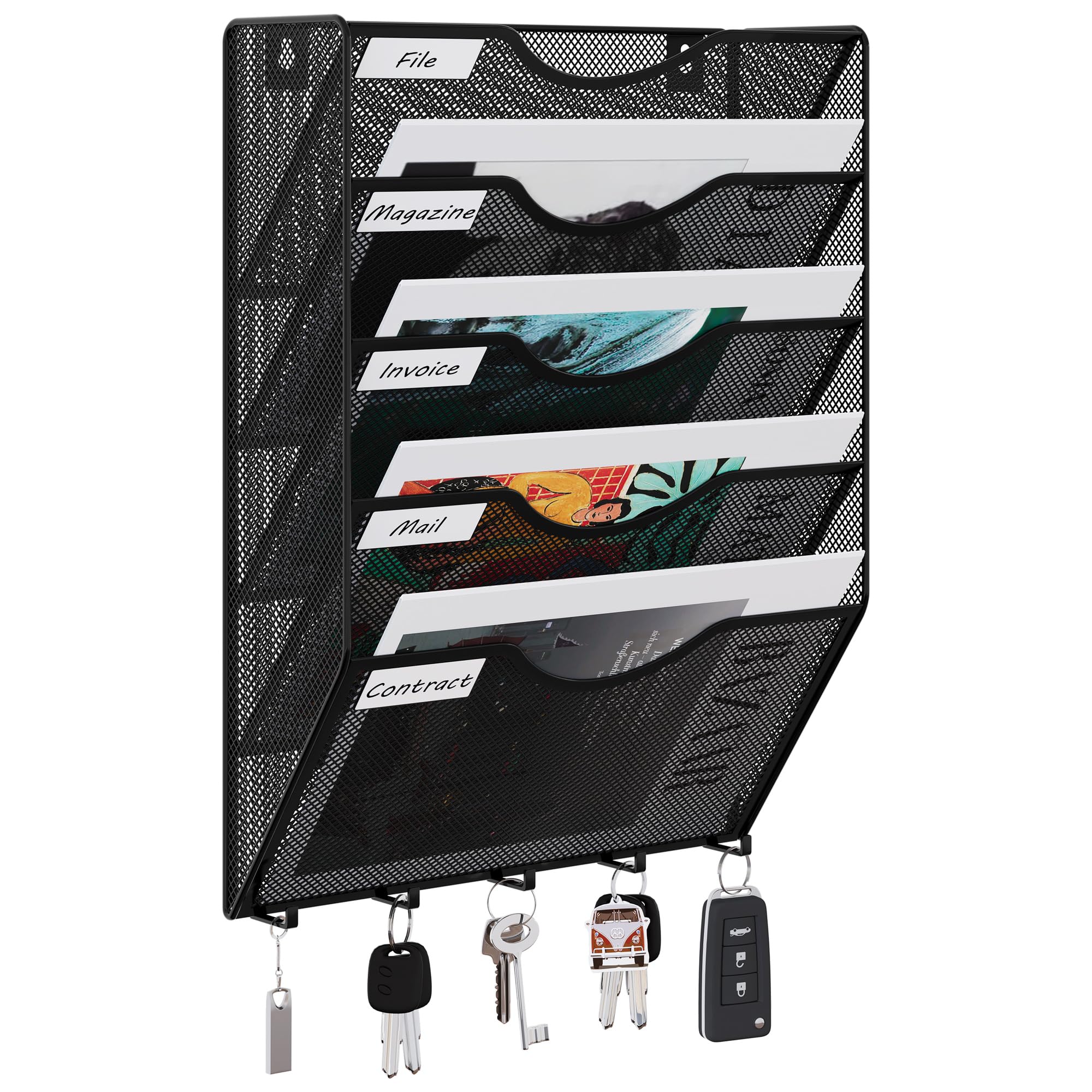 Photo 1 of EasyPAG 5 Pocket Mesh Wall File Organizer with Key Hooks, Hanging Paper Folder Holder with Classify Label, Vertical Wall Mount Mail Organizer for Office Home Classroom, Black