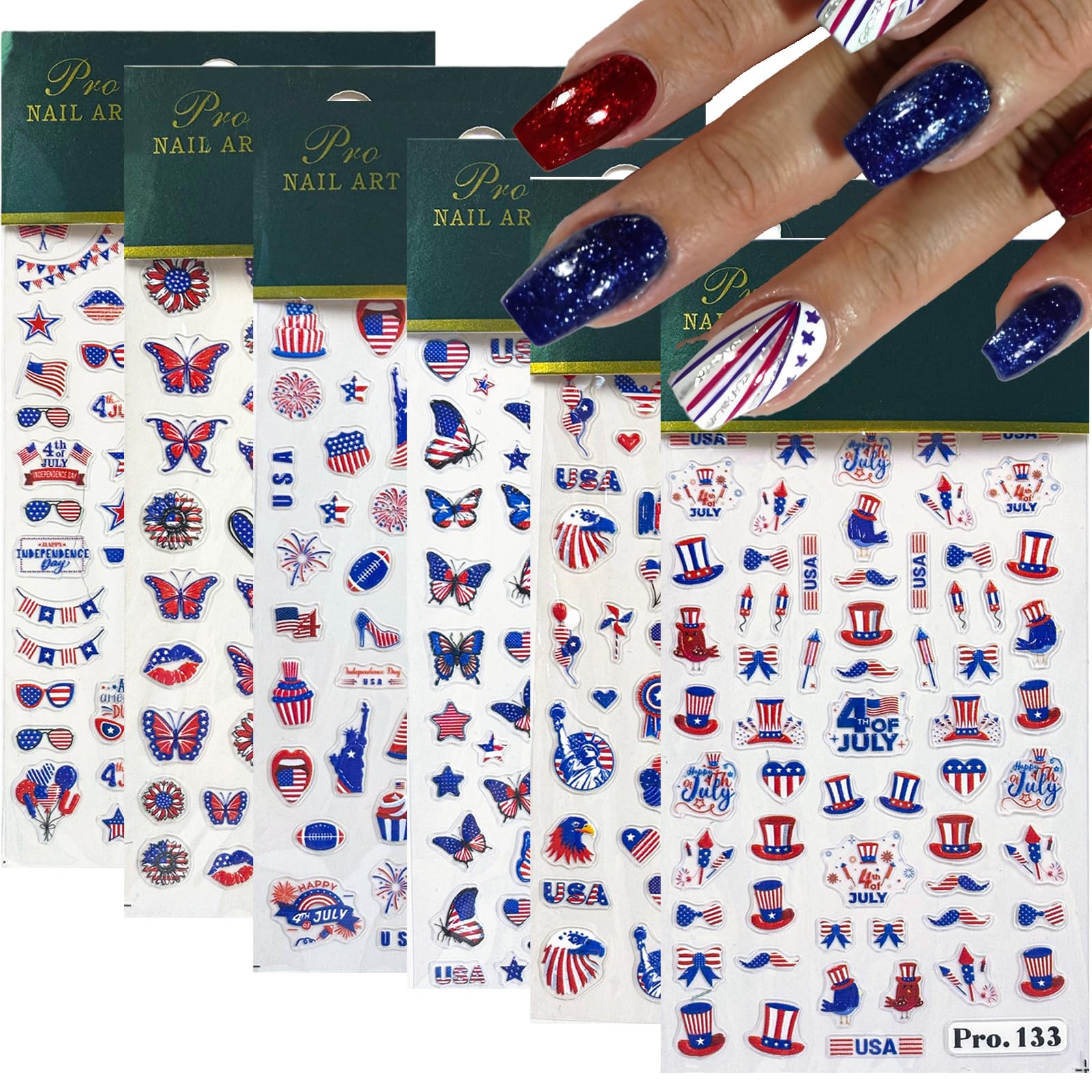 Photo 1 of 4th of July Nail Stickers 5D Embossed Nail Decals Patriotic Nail Stickers for Nail Art American Flag Butterfly DIY Self-Adhesive Handmade Nails Supplies Accessories for Women Girls 6 Sheets