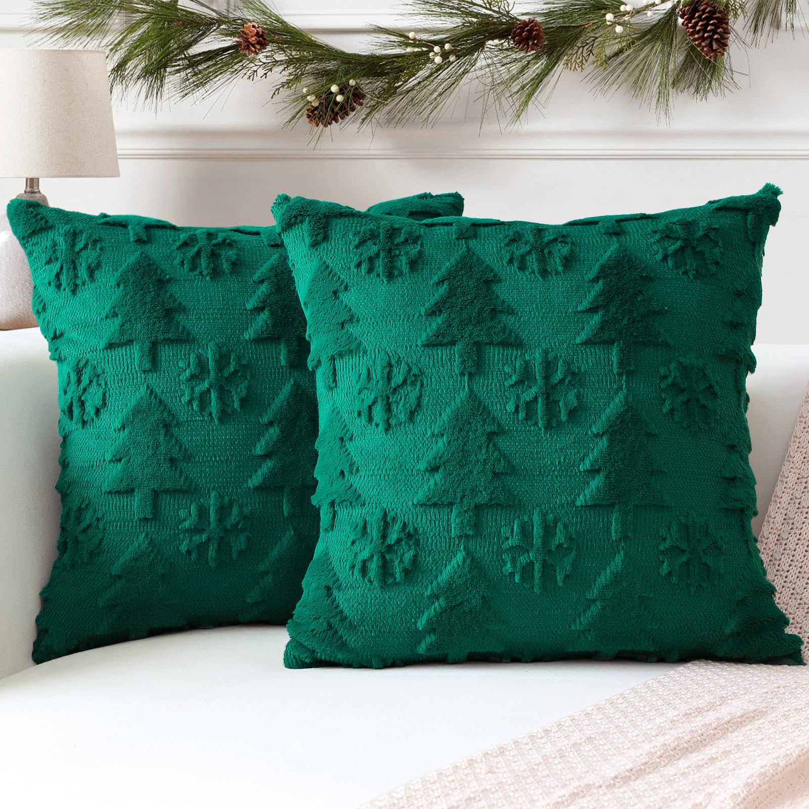 Artscope Set of 2 Xmas Soft Plush Short Wool Velvet Decorative Cushion Covers 70x70cm Square Luxury Style Throw Pillow Covers Pillow Shell for Sofa Bedroom Christmas Tree and Snowflake Green