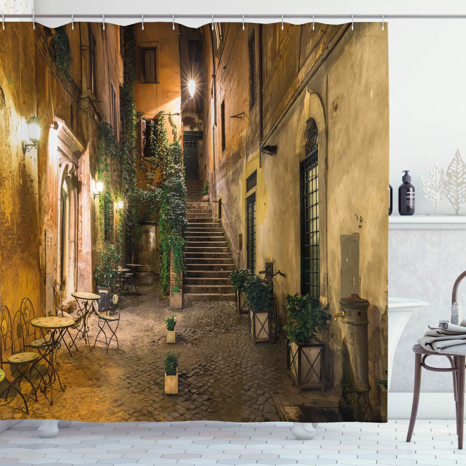 ABAKUHAUS Italian Shower Curtain, Old Courtyard Rome Italy Cafe Chairs City Historic Houses in Street, Cloth Fabric Bathroom Decor Set with Hooks, 175 x 200 cm, Orange Brown Green