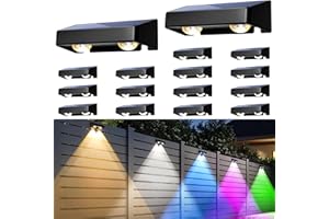 AUDERWIN Solar Fence Lights Outdoor, Solar Wall Lights 9 Fixed Colors ＆ Color Changing Modern Solar Powered Deck Light for Halloween Step Stair Patio Backyard Porch Railing decor, IP65 Waterproof (16 Pack)