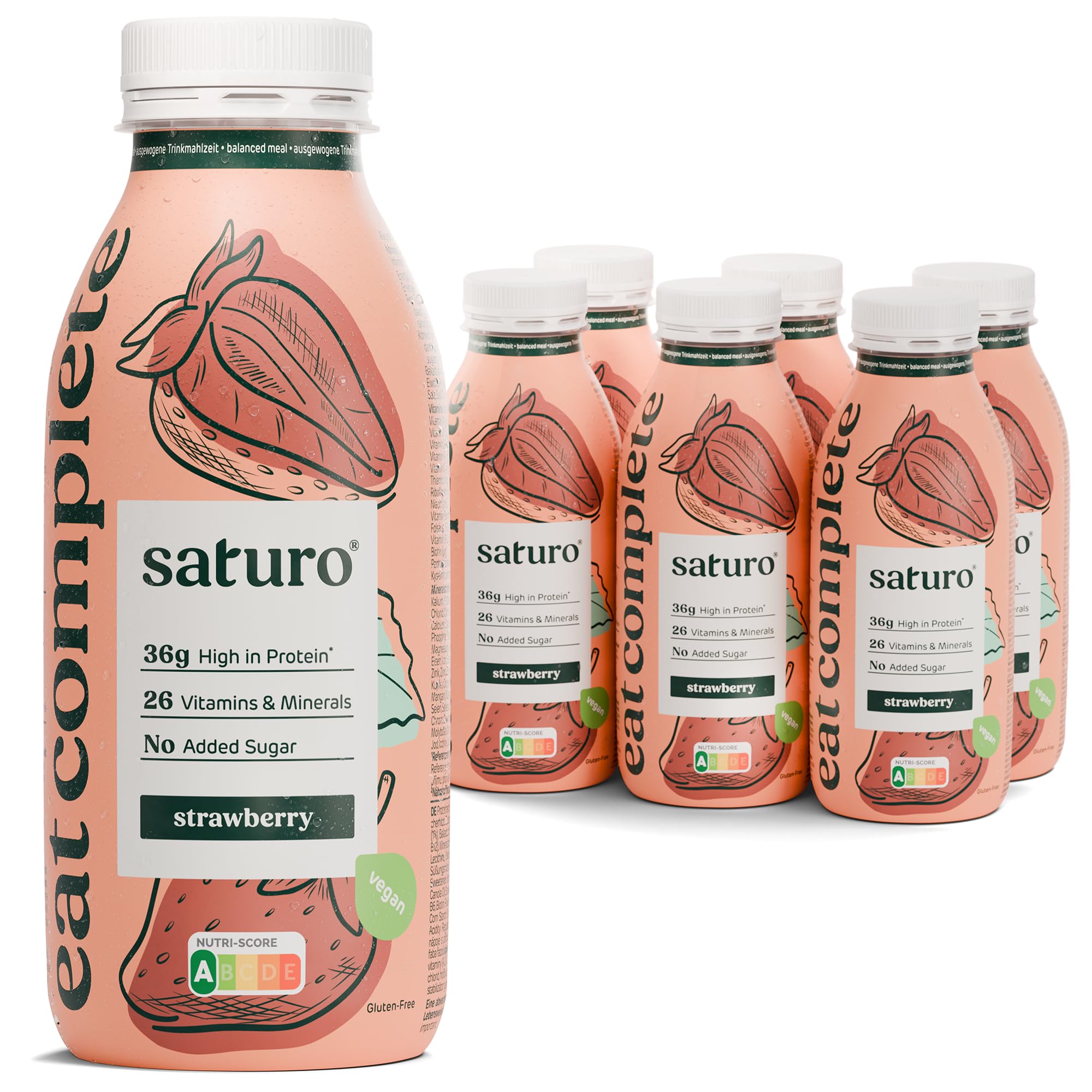Saturo Meal Replacement Shake Strawberry | 36 g Protein, sugar-free, 400 kcal | Drinkable Food with Valuable Nutrients | 6 x 400 ml