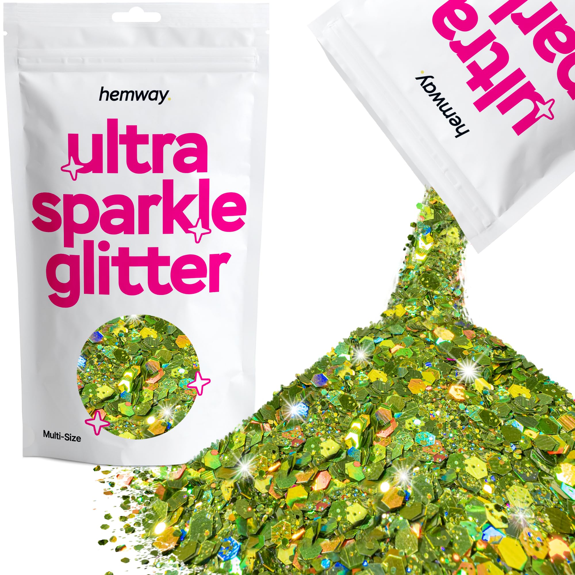 Hemway Ultra Sparkle Glitter Lime Green Holographic 100g Multi Size | Glitter for Arts & Craft, Makeup, Nail Art, Crafting, Card Making, Sparkle Decoration