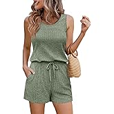 Ekouaer Rompers for Women Summer 2026 Casual Sleeveless Scoop Neck Tank Top Ribbed Short Jumpsuits Romper with Pockets