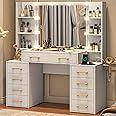 jiteentarou Glass Top Vanity Desk with Mirror and Lights, Large Vanity Makeup Mirror Desk with Charging Station Compartment Storage Drawers, Modern Makeup Vanity with 9 Drawers 6 Shelves, White