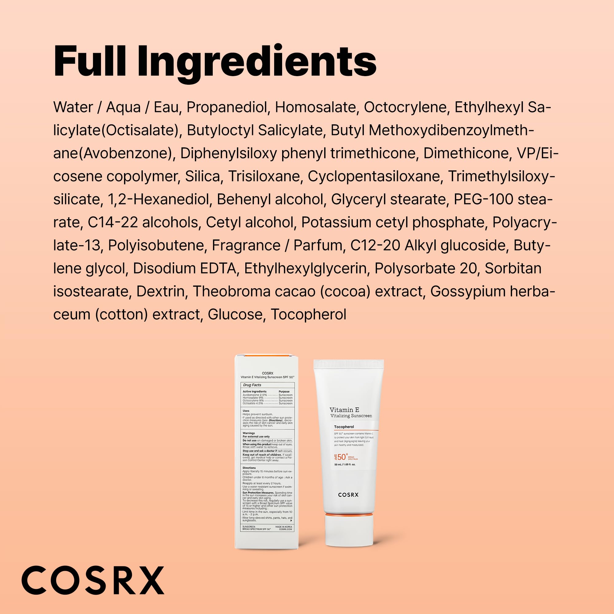 COSRX Vitamin E Vitalizing Face Sunscreen SPF 50, 1.69 fl oz, SPF Moisturizer, Lightweight under Makeup, Travel Essentials, Summer Essentials, Korean Skin Care, Korean Sunscreen for Face