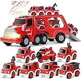 MindPal Fire Truck Toy for 3 4 5 6 7 Years Old Toddler Boys, 8-in-1 Fire Car Carrier Vehicle Set for Boys Age 3-5, Transport Car with Light & Sound, Kids Toys Cars Set for Birthday