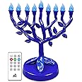 Ner Mitzvah LED Electric Hanukkah Menorah - Color Changing LED Tree of Life Chanukah Menorah with Remote - Battery or USB Powered - Batteries and USB Cord Included - Blue