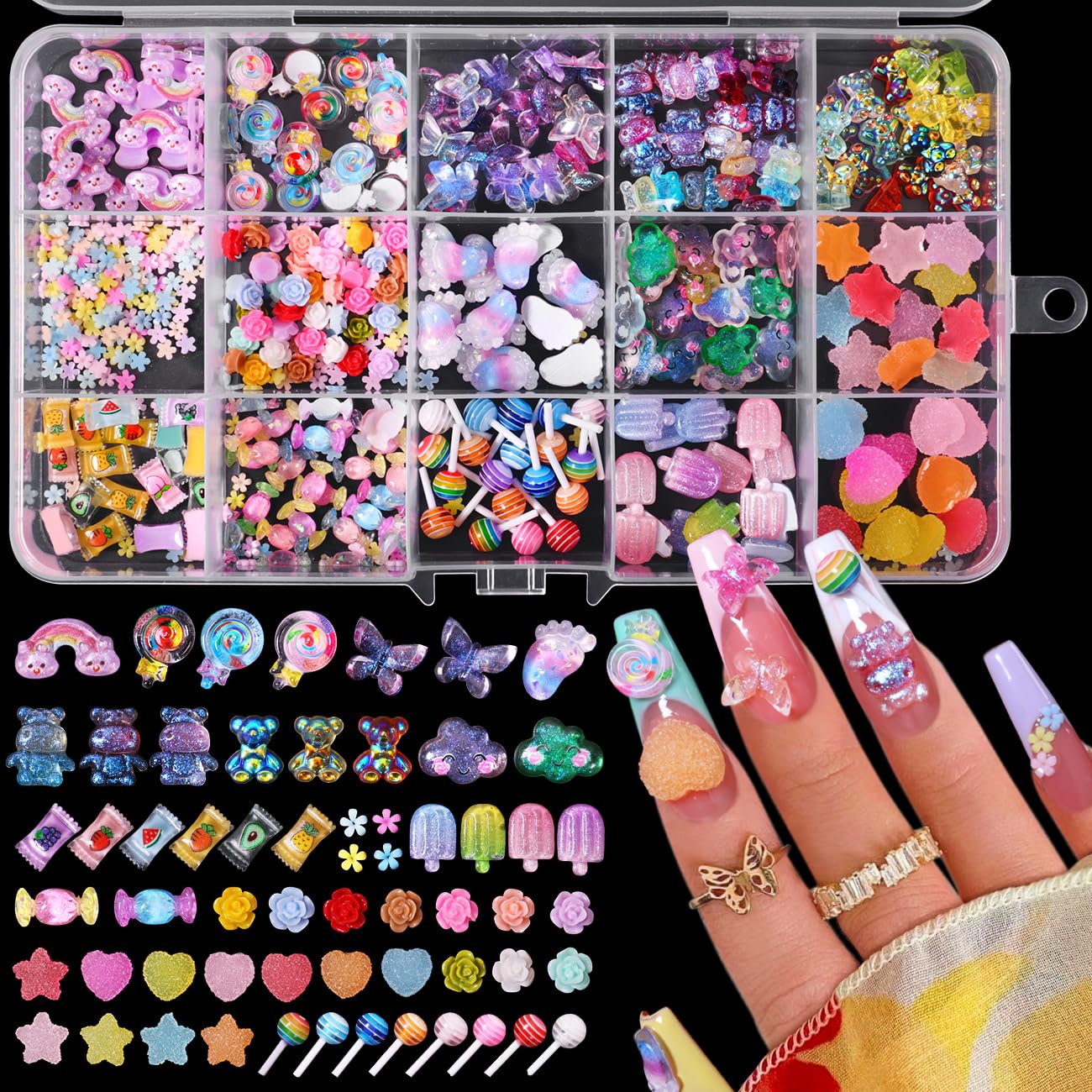 3D Mix Assorted Color Acrylic Multi Cute Nail Art Charms Hollow Candy Jewelry Supplies for Nail Art Design DIY Crafts Accessories (Multicolor)