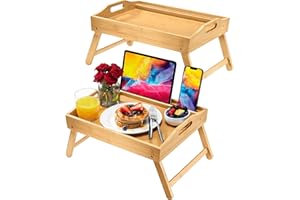Home-it Bed Table Tray with Folding Legs, Laptop Holder, 2 Pack - Bamboo, Rectangular, Brown - Perfect for Meals, Work, Relax
