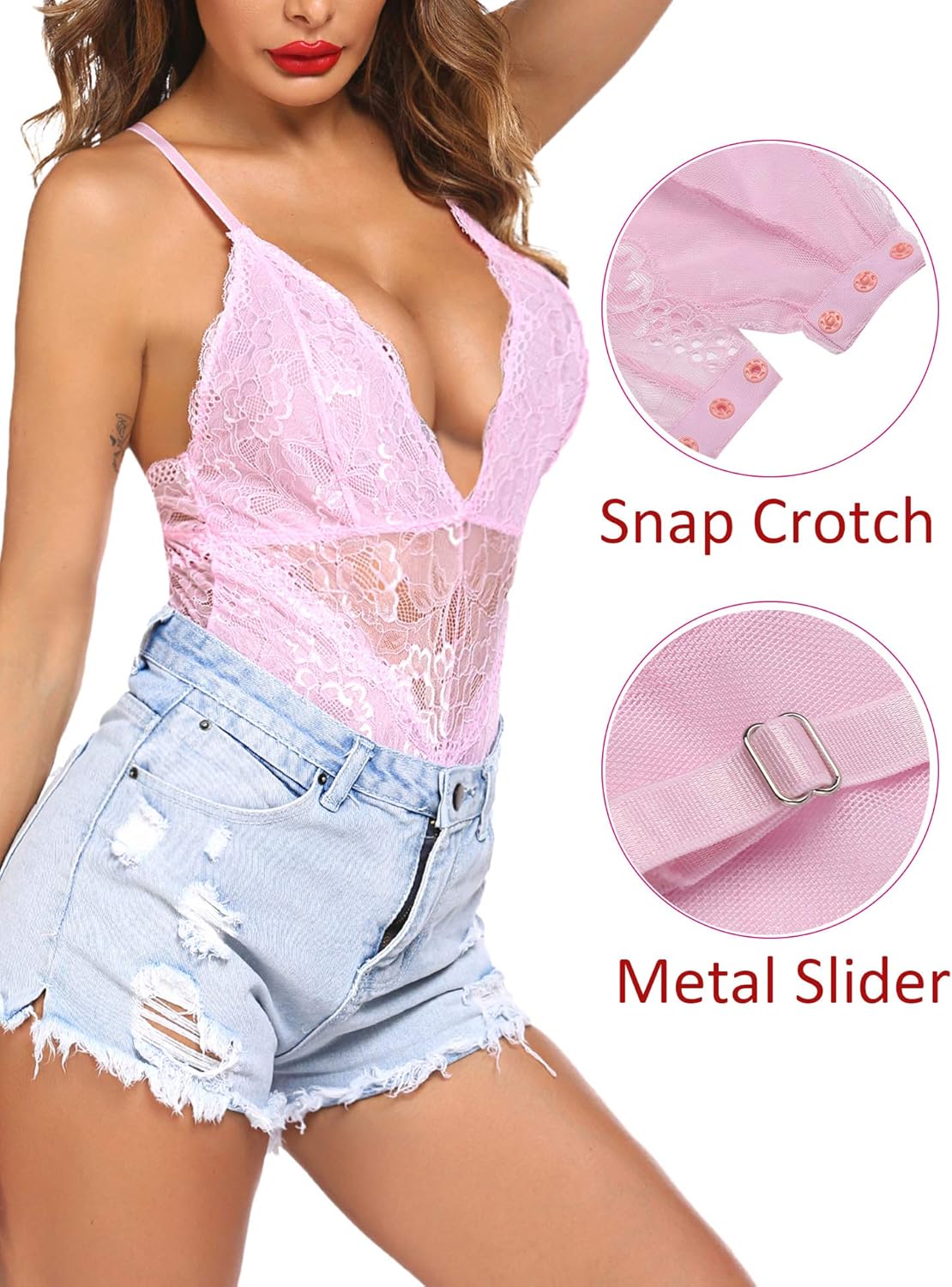 Avidlove Women Snap Crotch Lingerie Sexy Lace Bodysuit Deep V Teddy One Piece Lace Babydoll at  Women’s Clothing store