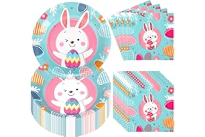 Umigy 100 Pcs Easter Colorful Party Supplies Bunny Plates Napkins Set Rabbit Tableware Dinner Dessert Appetizer Disposable for Easter Spring Holiday Baby Shower Birthday Wedding Decorations Serves 50